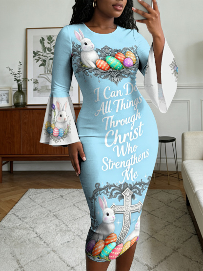 Sky Blue Easter Bunny Cross Easter Flare Sleeve Bodycon Midi Dress