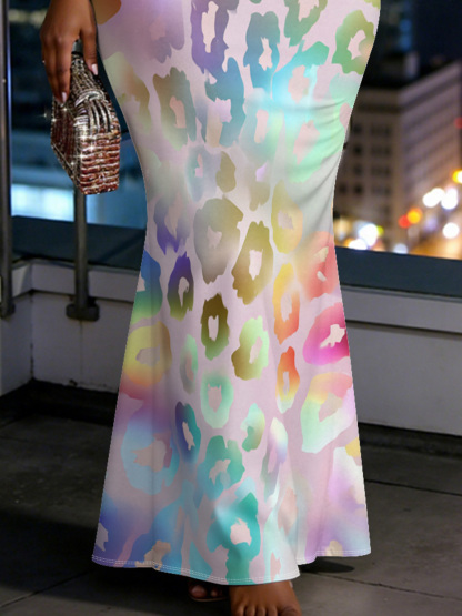 Pastel Gradient Leopard Spaghetti Strap Mermaid Dress