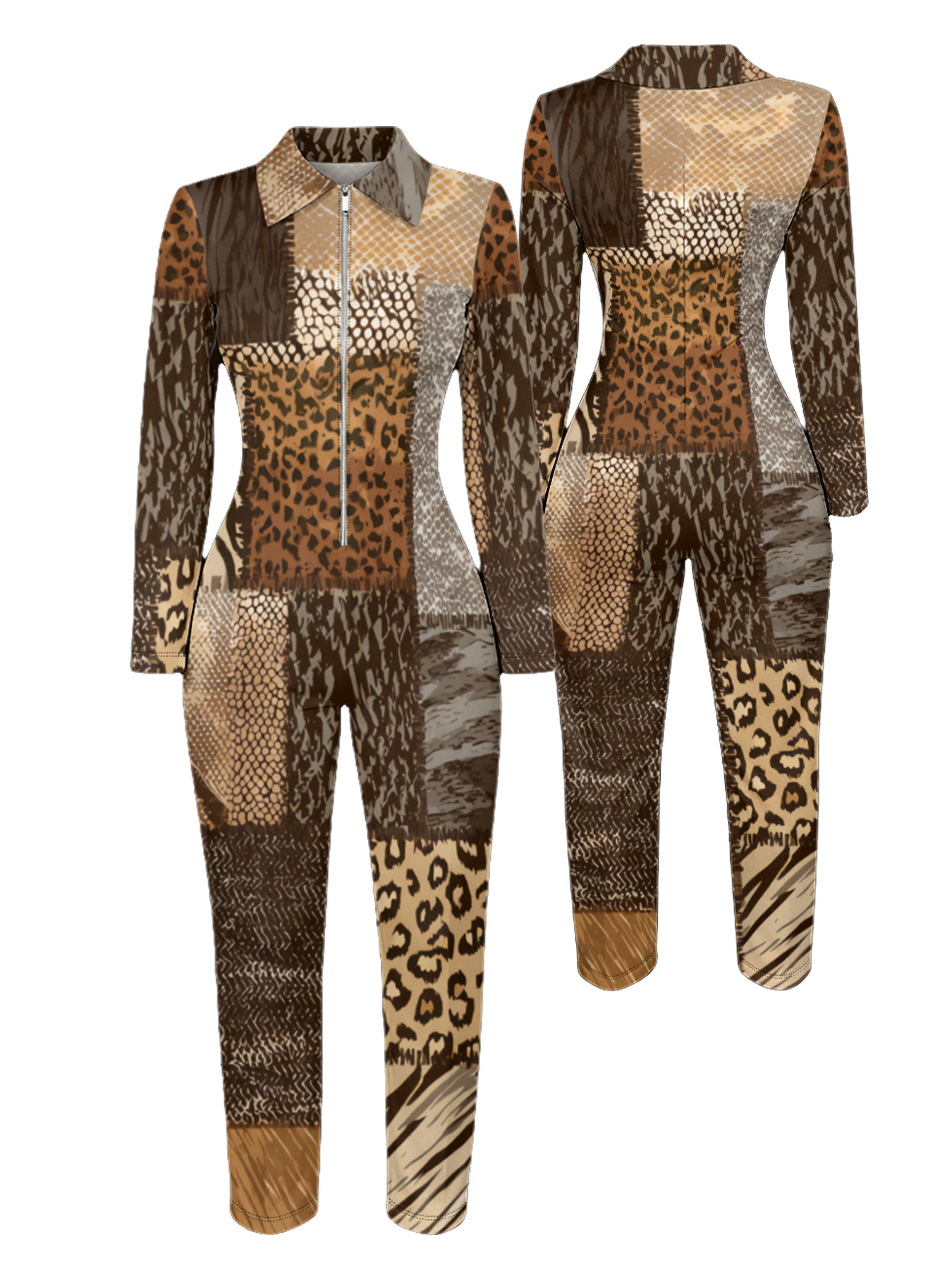 Fit Patchwork Animal Print Long Sleeve Zip-Up Jumpsuit