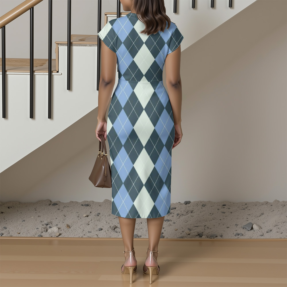 Blue & White Argyle Cap Sleeve V-Neck Midi Dress VUS705