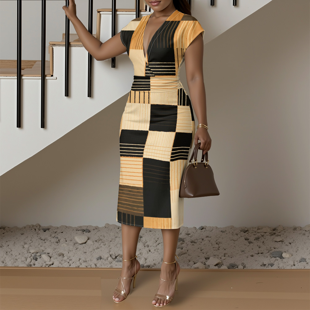 Black & Tan Geometric Patchwork Cap Sleeve V-Neck Midi Dress VTS714