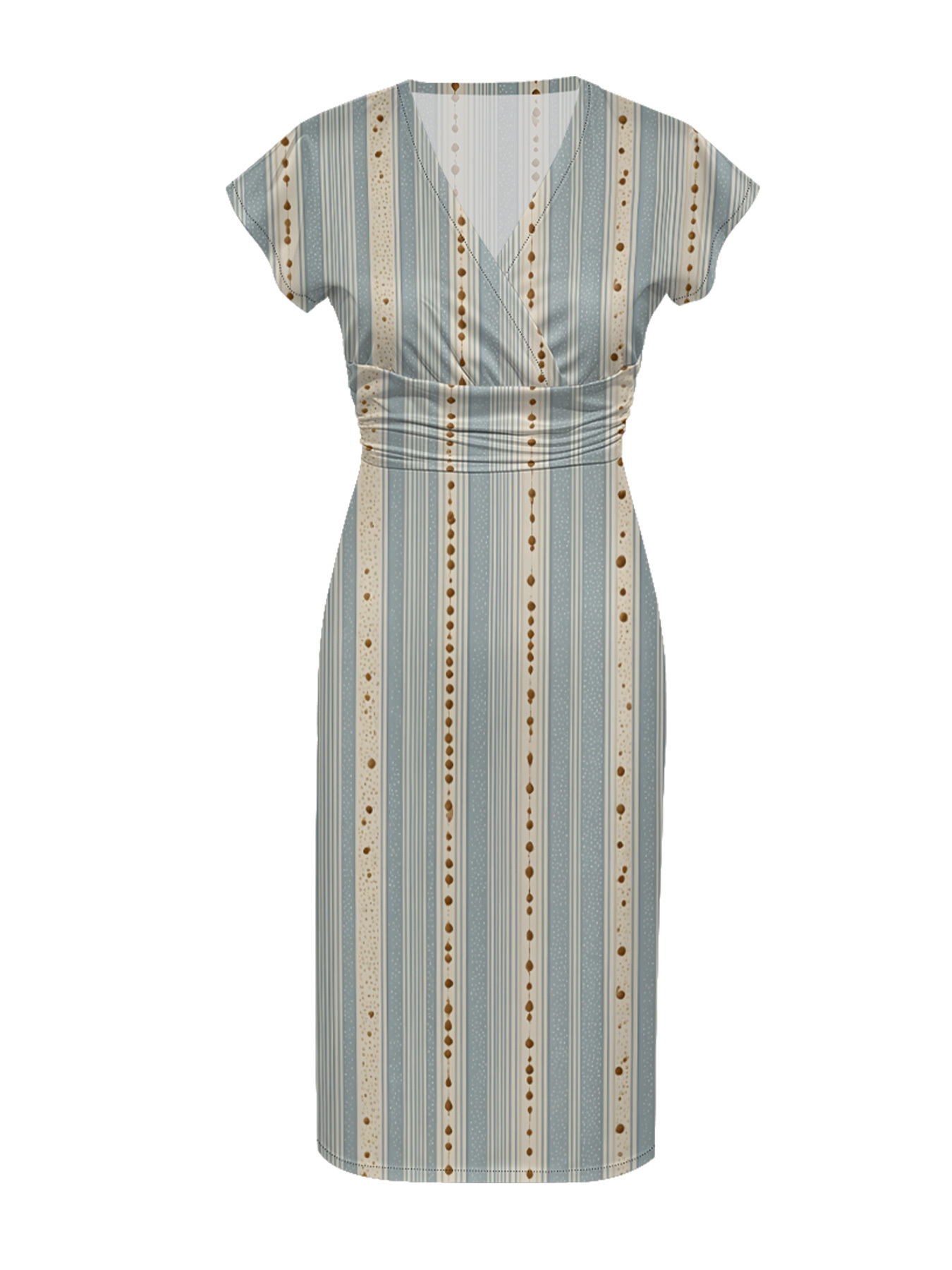 Light Blue & Beige Dotted Cap Sleeve V-Neck Midi Dress