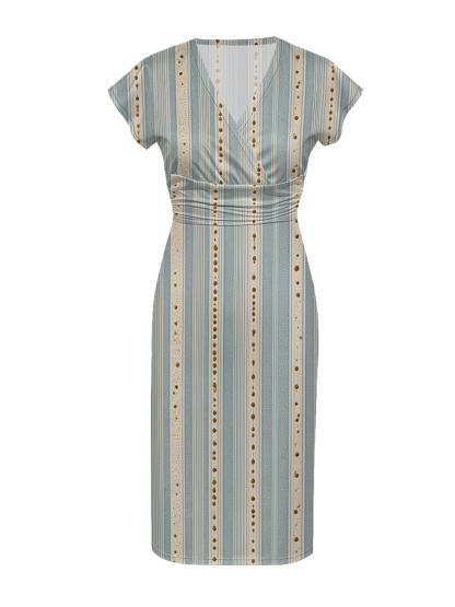 Light Blue & Beige Dotted Cap Sleeve V-Neck Midi Dress