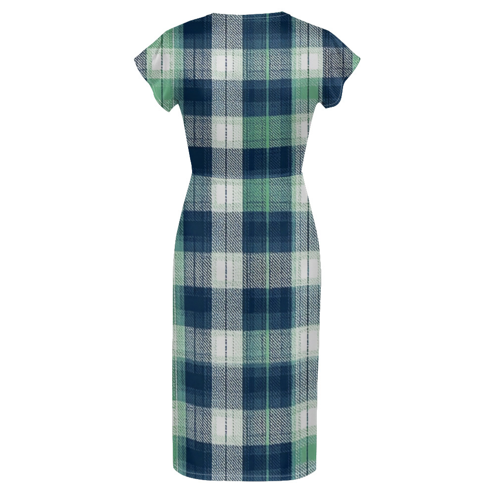 Blue & Green Plaid Cap Sleeve V-Neck Midi Dress BCF167