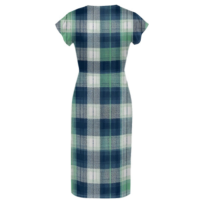 Blue & Green Plaid Cap Sleeve V-Neck Midi Dress BCF167