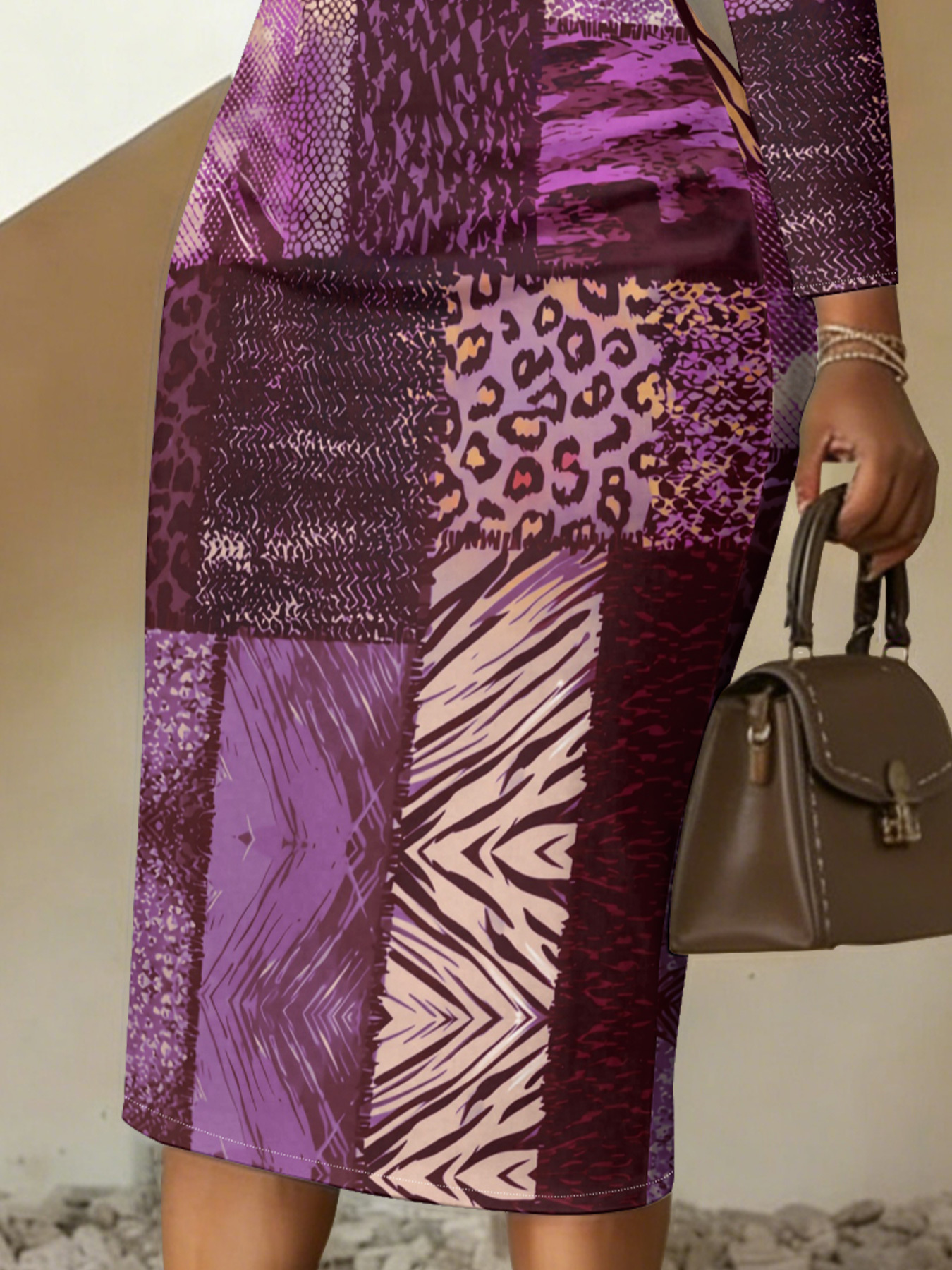 Purple Patchwork Animal V-Neck Bodycon Midi Dress CLX7394