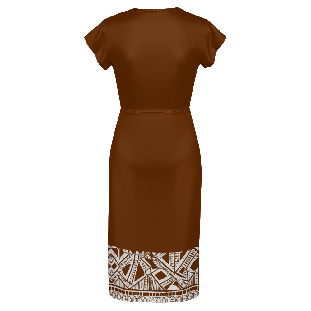 Terracotta White Tribal Cap Sleeve V-Neck Midi Dress