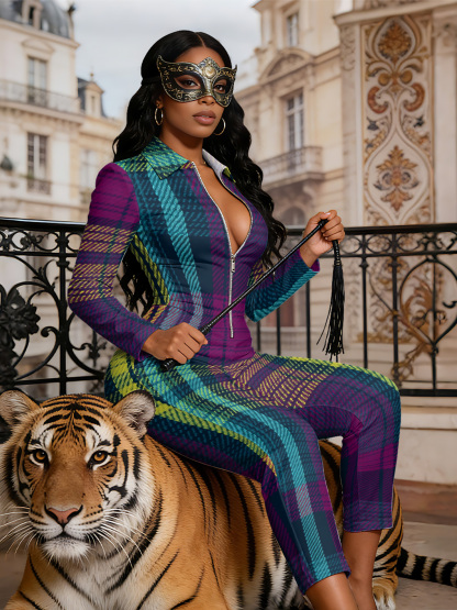 Vibrant Plaid Long Sleeve Zip-Up Jumpsuit