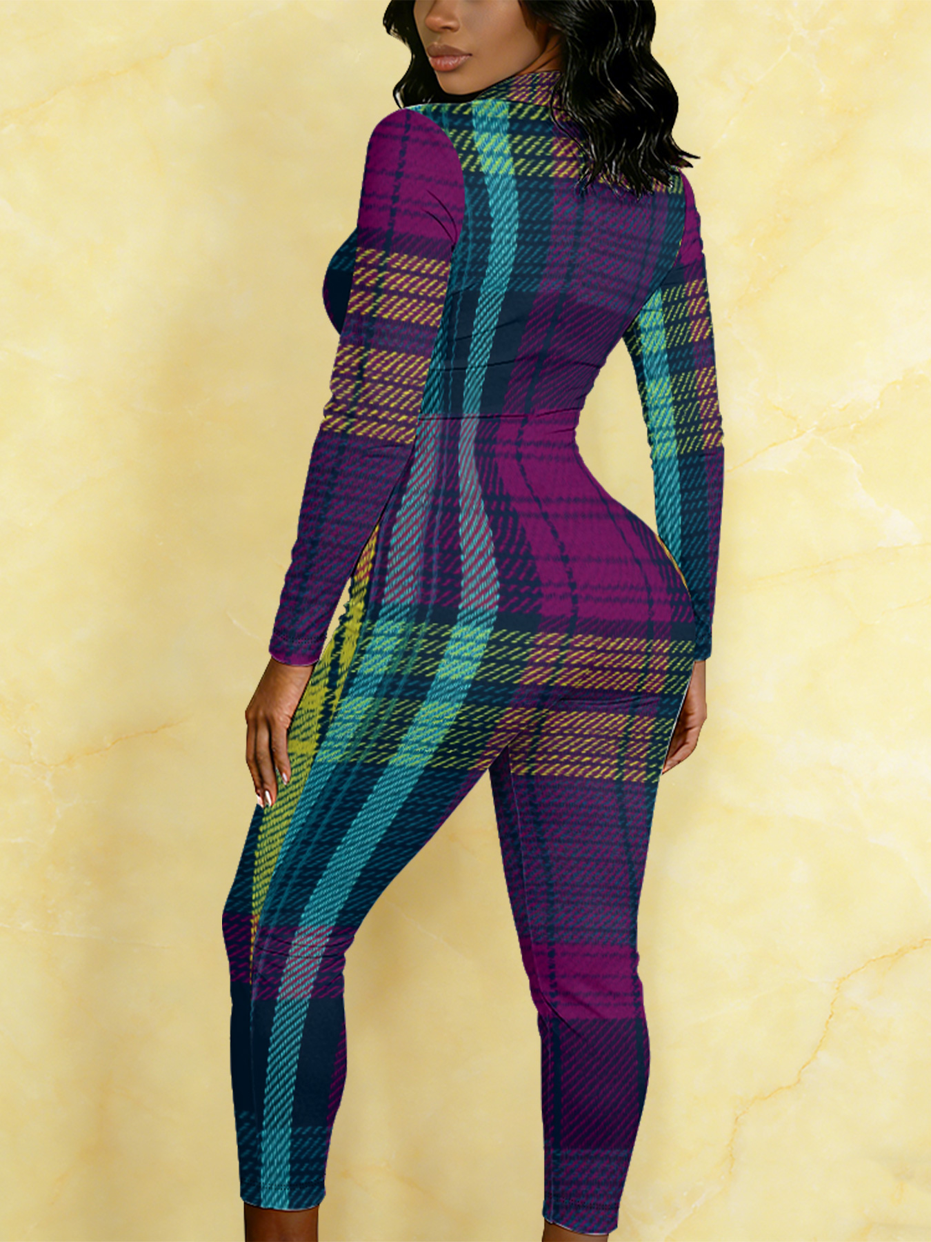 Vibrant Plaid Long Sleeve Zip-Up Jumpsuit