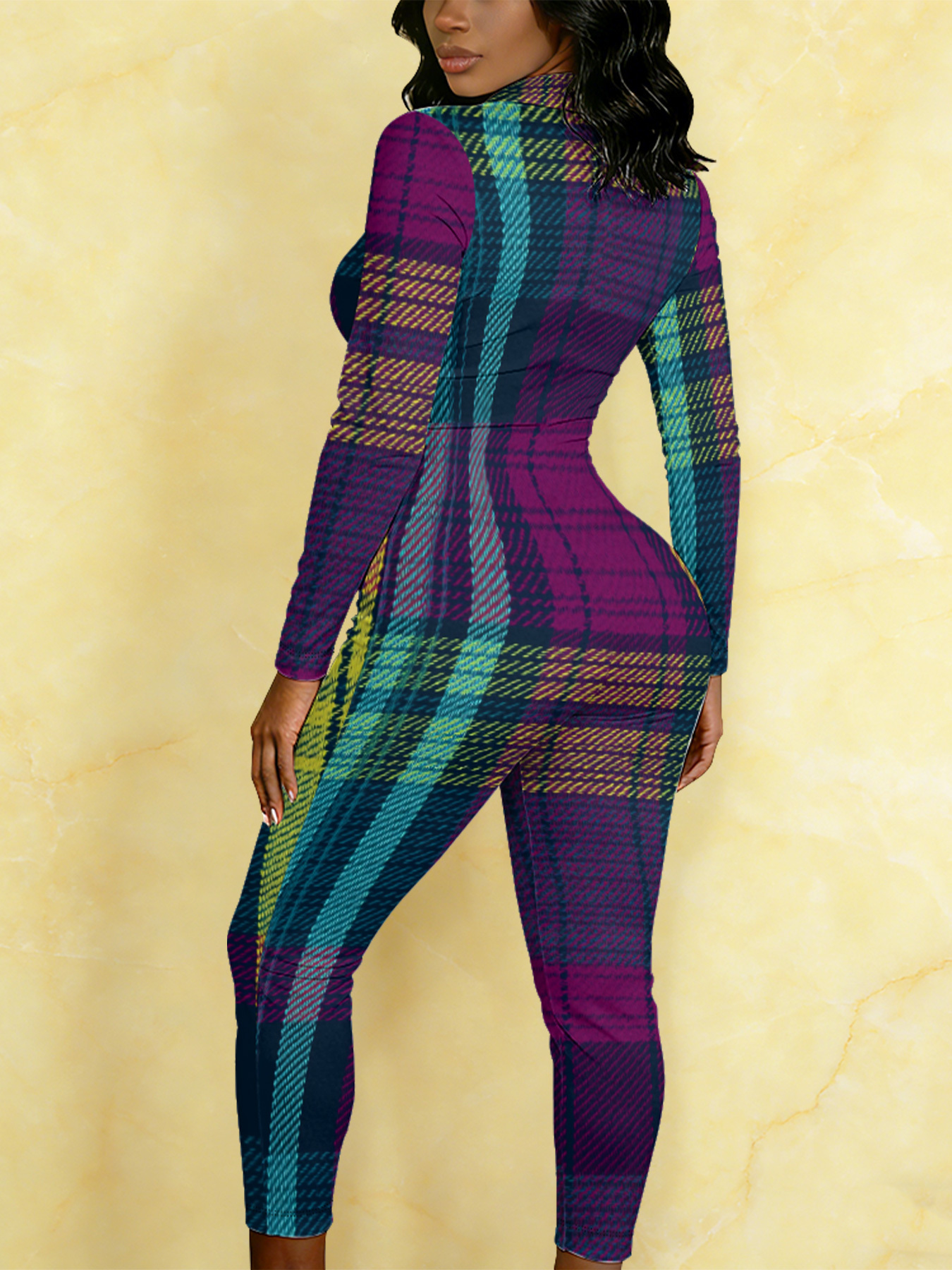 Vibrant Plaid Long Sleeve Zip-Up Jumpsuit