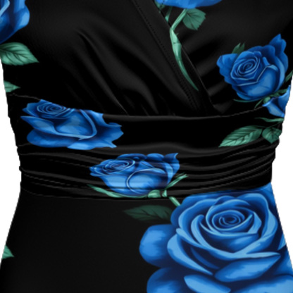 Black Blue Rose Cap Sleeve V-Neck Midi Dress