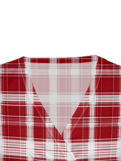 Red Plaid Cap Sleeve V-Neck Midi Dress