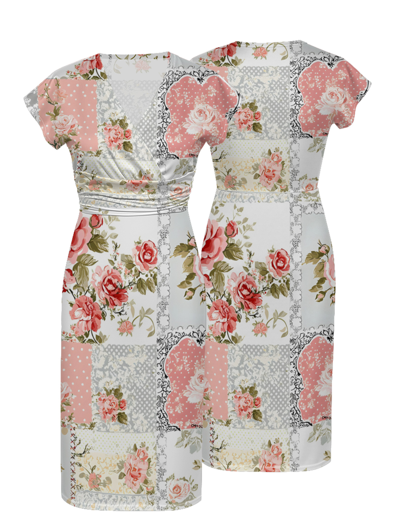 Romantic Vintage Rose Lace Patchwork Cap Sleeve V-Neck Midi Dress IUO0182