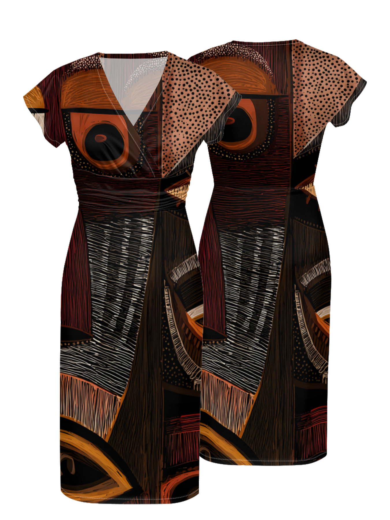 Tribal Patchwork Cap Sleeve V-Neck Midi Dress