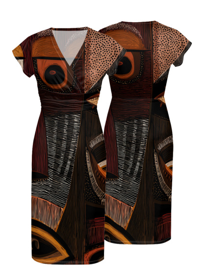 Tribal Patchwork Cap Sleeve V-Neck Midi Dress