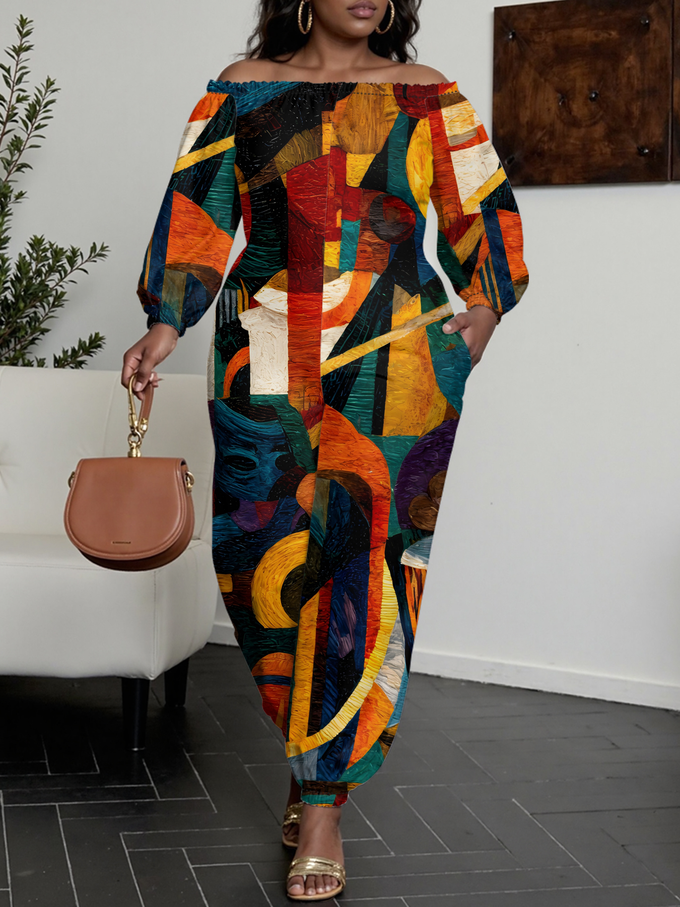 Cubist Abstract Art Off-Shoulder Jumpsuit