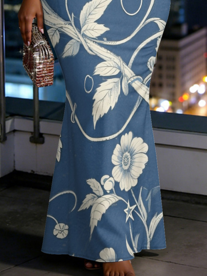 Denim Blue Floral Spaghetti Strap Mermaid Dress EGI531