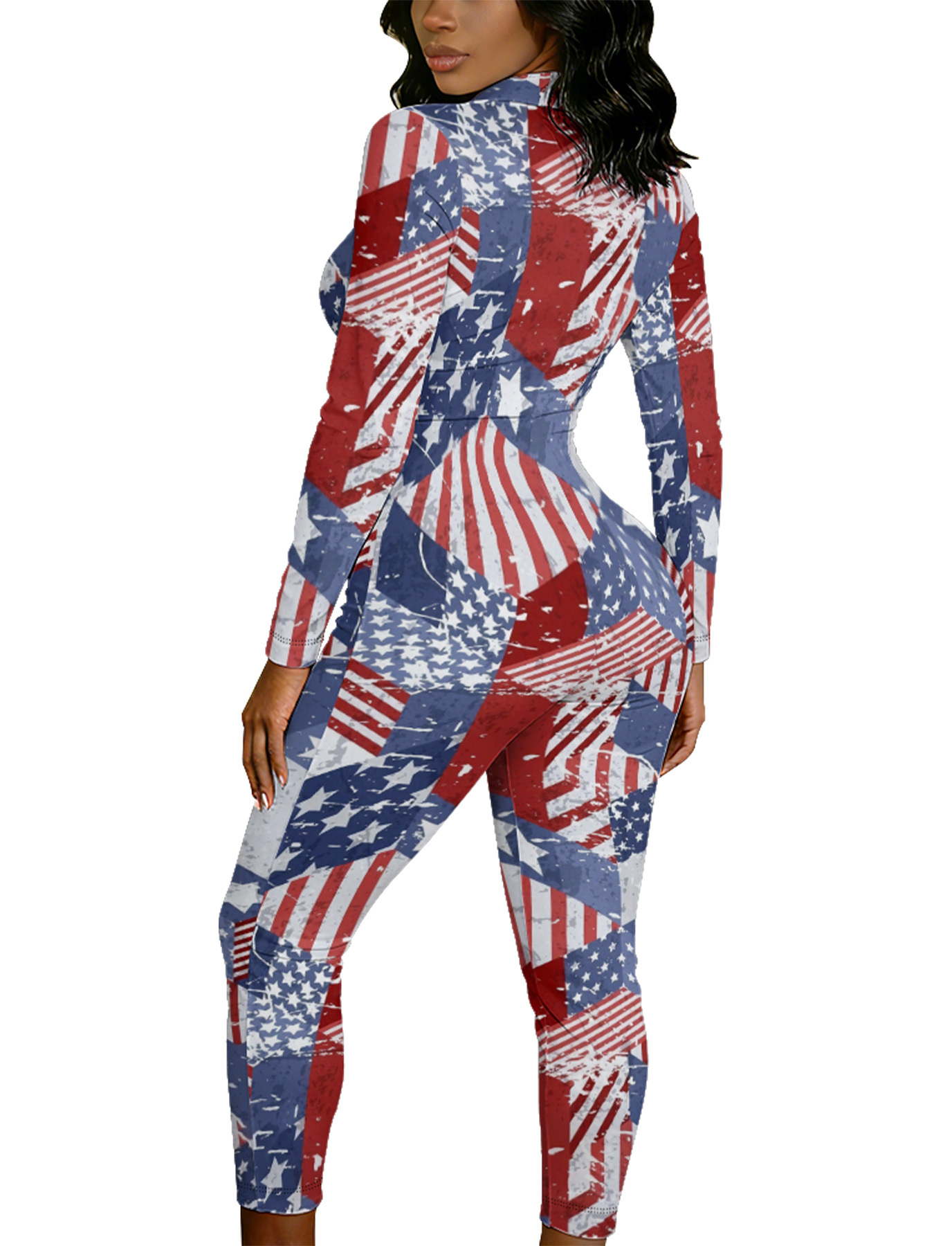 Vintage American Flag Long Sleeve Zip-Up Jumpsuit 