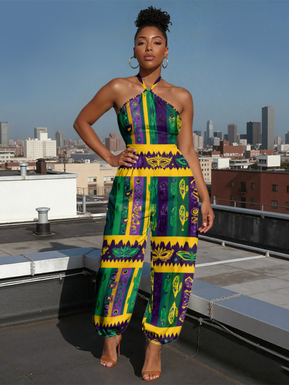 Mardi Gras Stripe Sleeveless Halter Jumpsuit