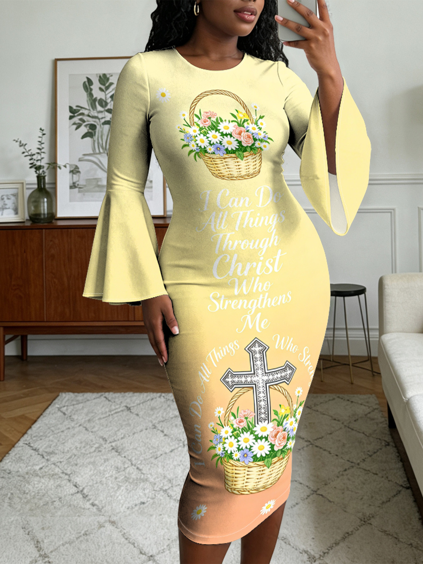 Flare Sleeve Bodycon Midi Dress