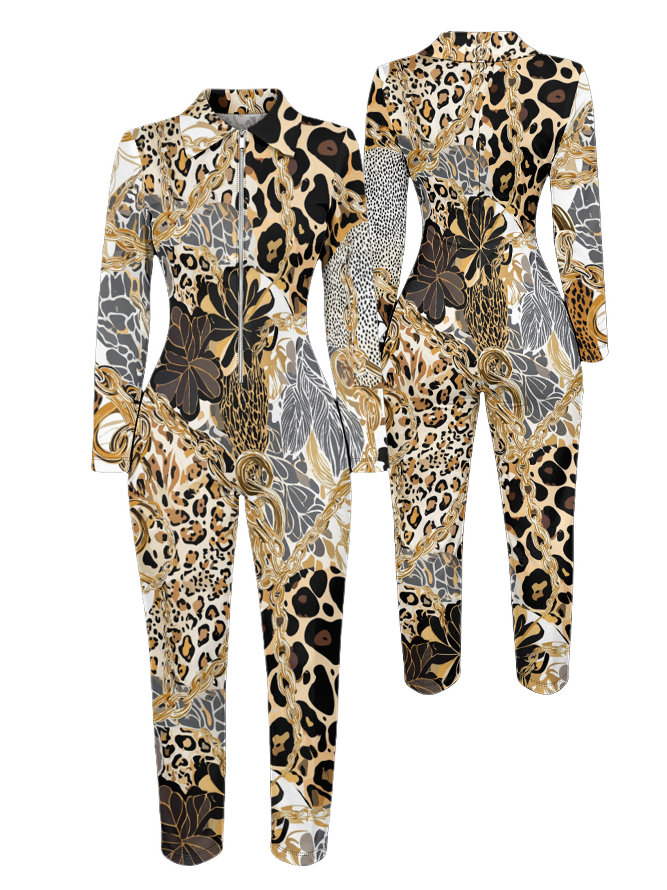 Leopard & Gold Chain Long Sleeve Zip-Up Jumpsuit 