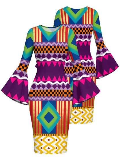 Vibrant African Geometric Easter Flare Sleeve Bodycon Midi Dress