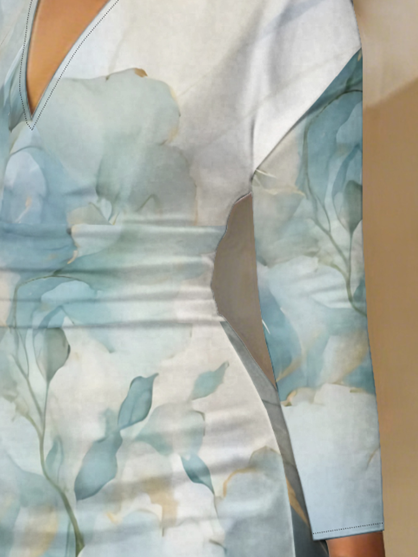 Teal Watercolor Floral V-Neck Bodycon Midi Dress ACH763