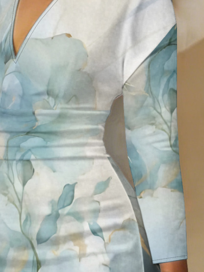 Teal Watercolor Floral V-Neck Bodycon Midi Dress ACH763