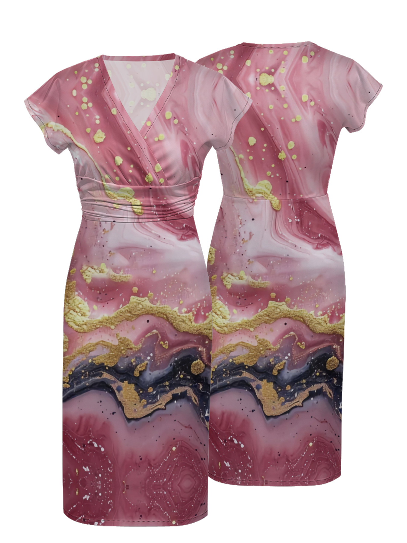 Pink & Gold Marble Cap Sleeve V-Neck Midi Dress