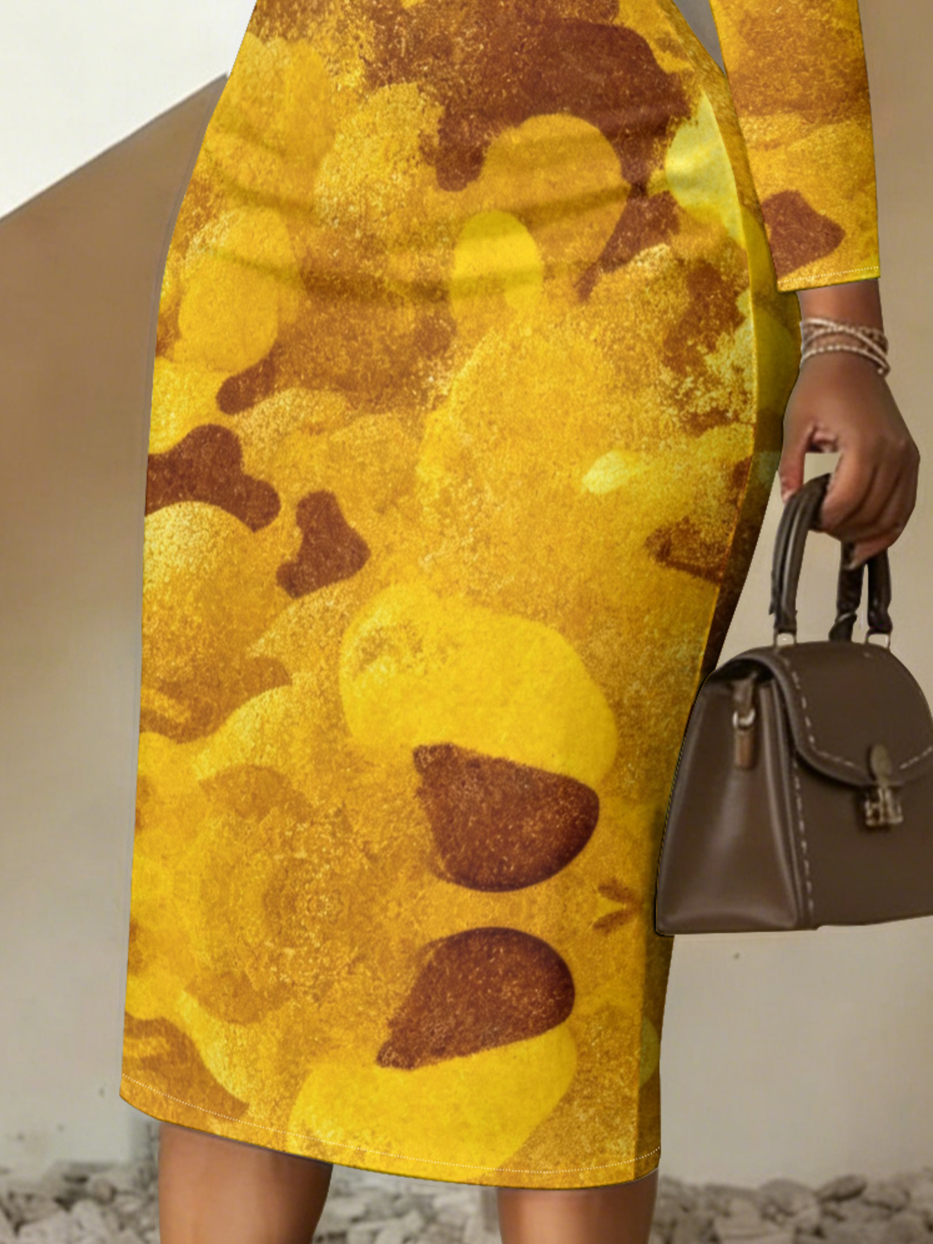 Yellow & Brown Camouflage V-Neck Bodycon Midi Dress JKP5931