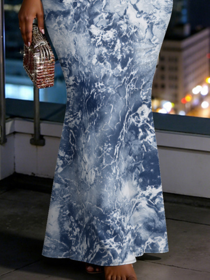 Marble Cloud Print Spaghetti Strap Mermaid Dress