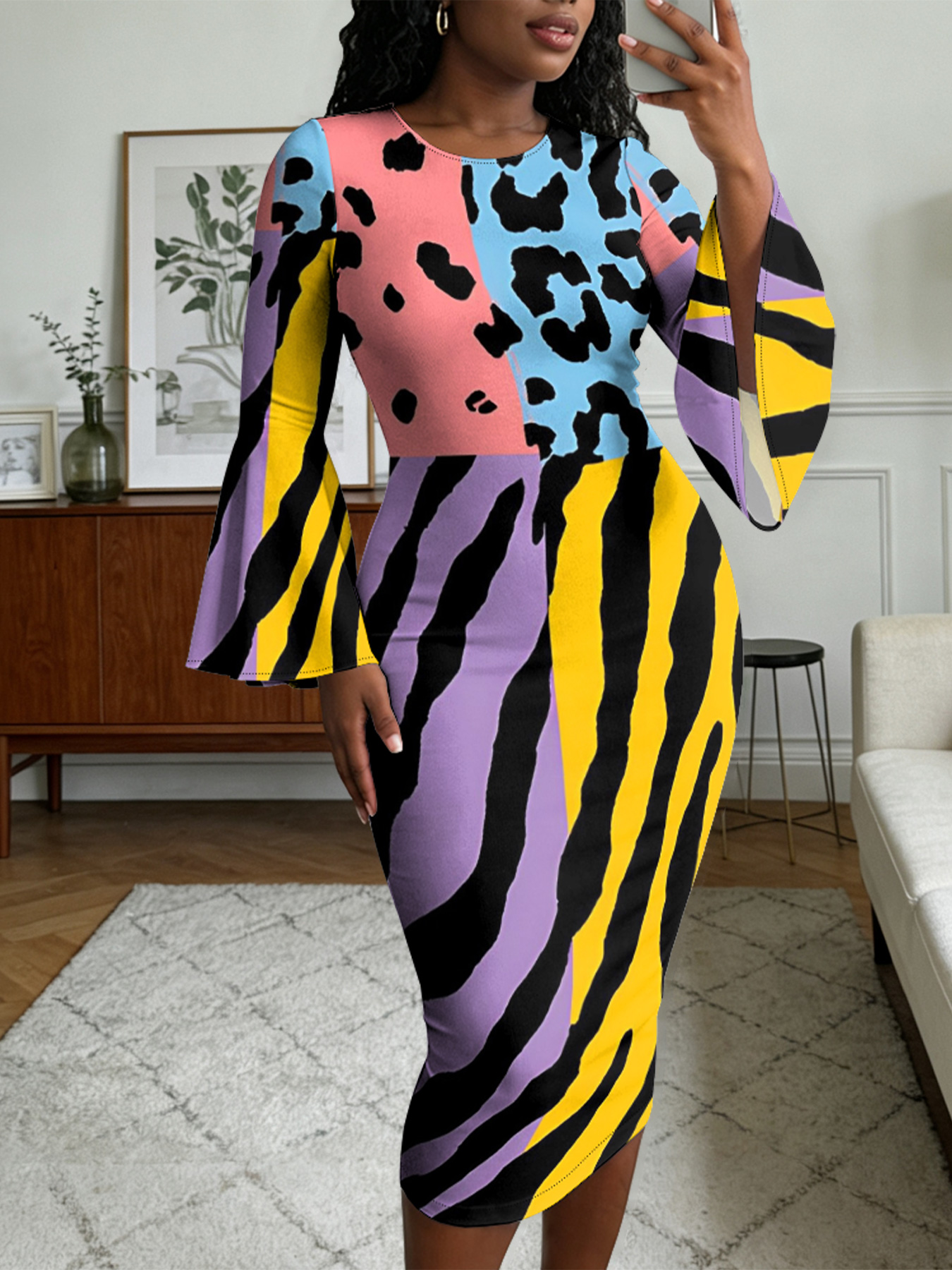 Multicolor Animal Flare Sleeve Bodycon Midi Dress CEF2564