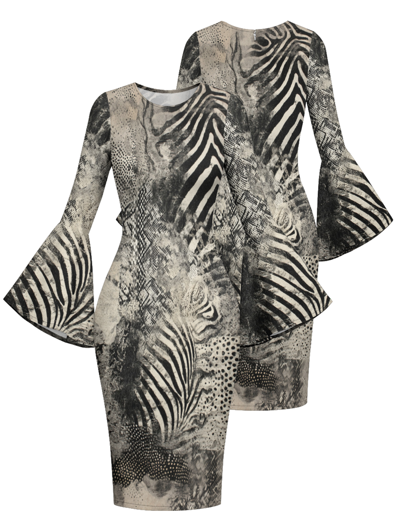 Black & White Animal Flare Sleeve Bodycon Midi Dress EFG1493