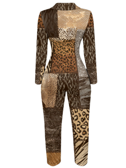 Fit Patchwork Animal Print Long Sleeve Zip-Up Jumpsuit