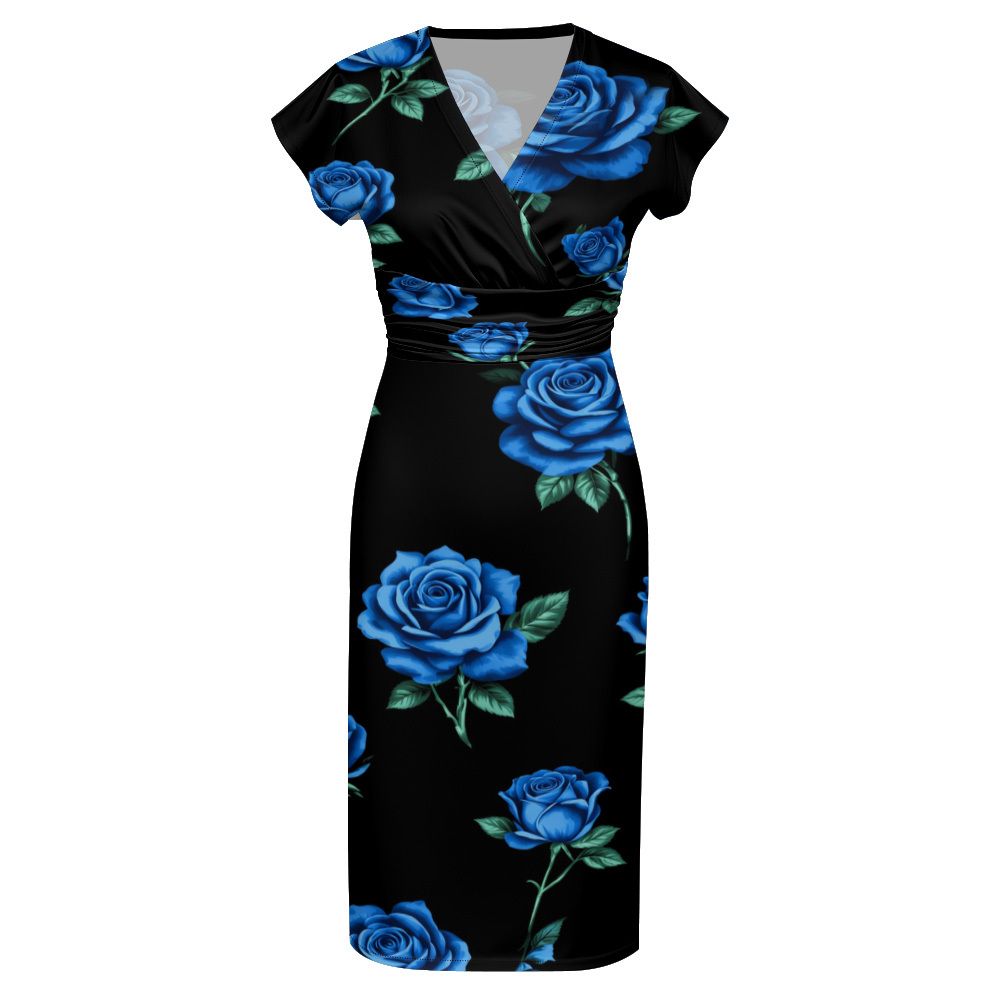 Black Blue Rose Cap Sleeve V-Neck Midi Dress