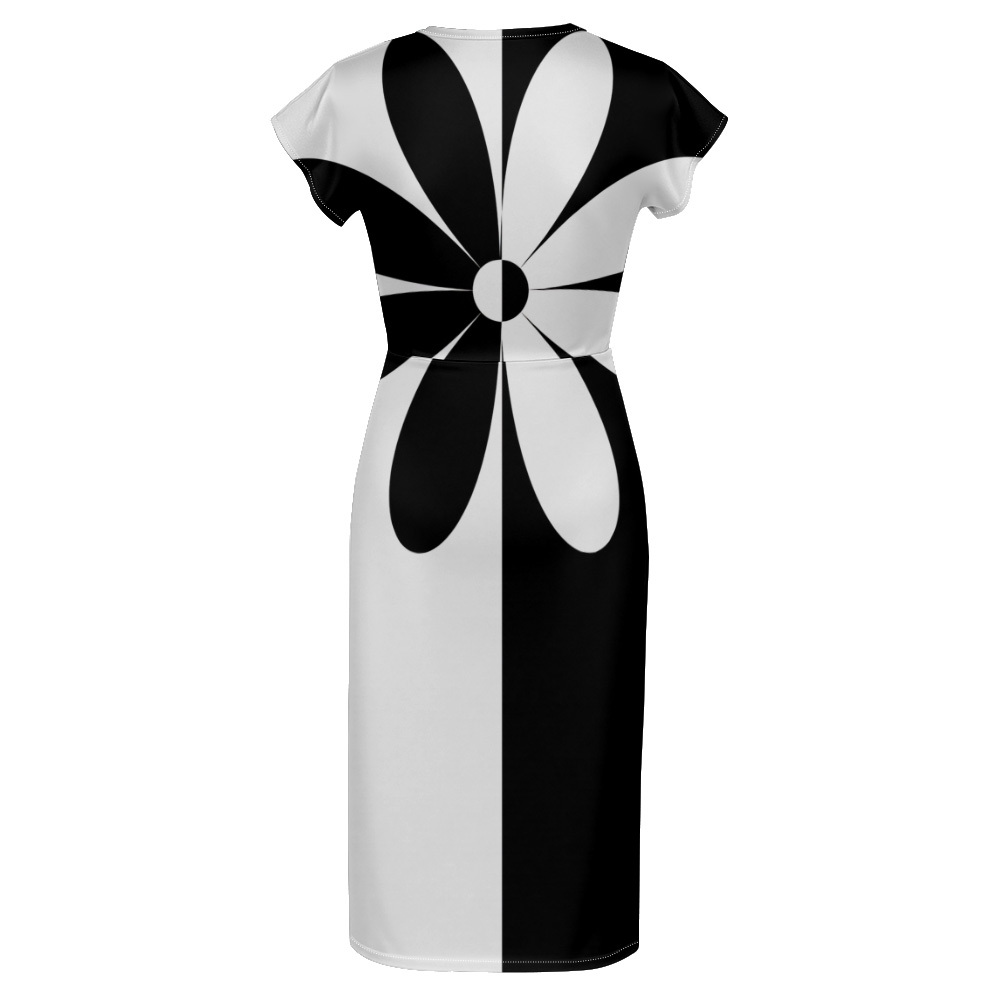 Black & White Floral Cap Sleeve V-Neck Midi Dress