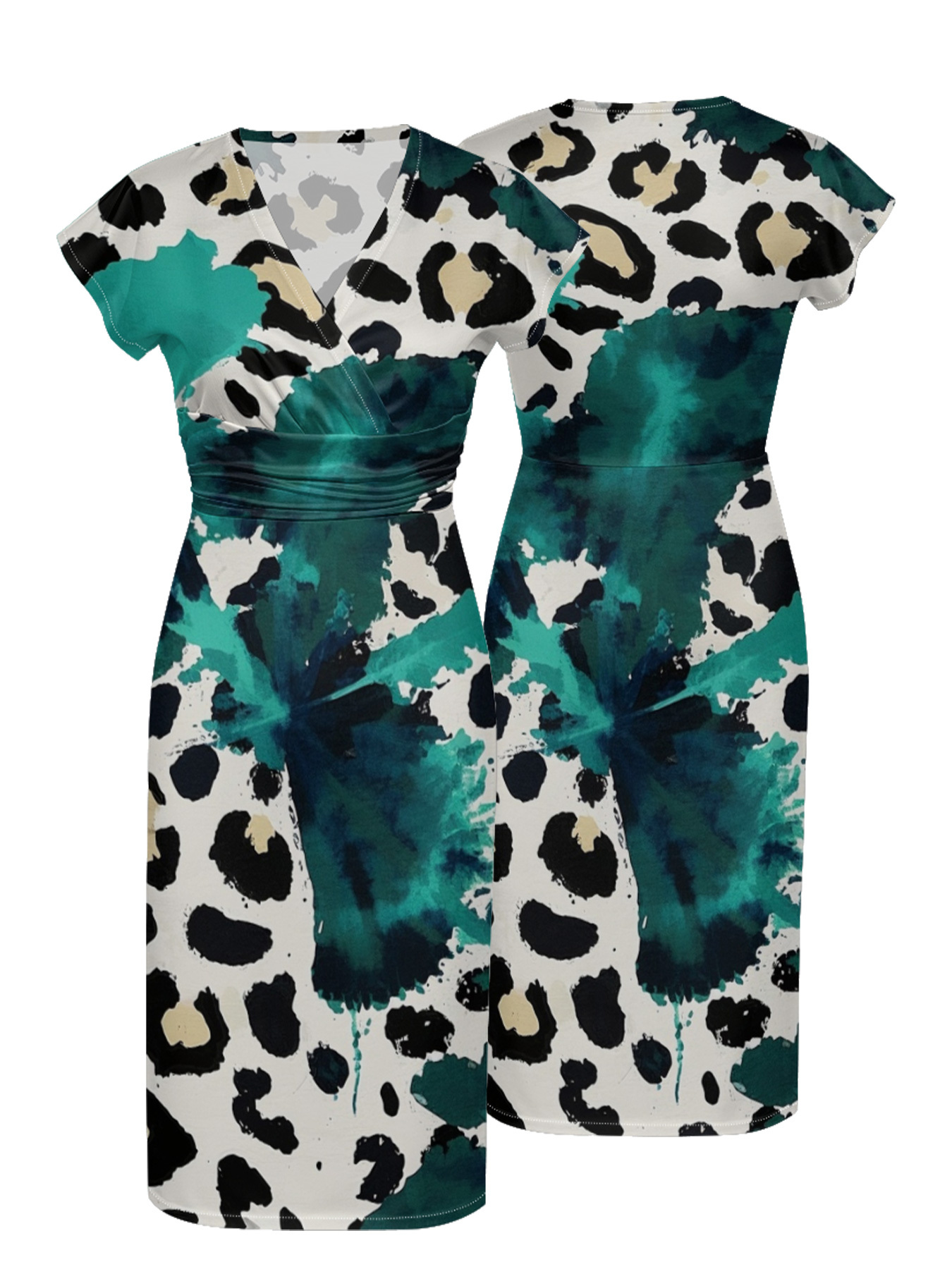 Teal & White Watercolor Cap Sleeve V-Neck Midi Dress IUYU678