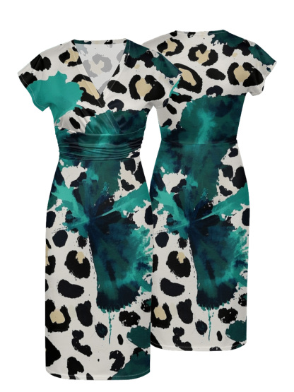 Teal & White Watercolor Cap Sleeve V-Neck Midi Dress IUYU678