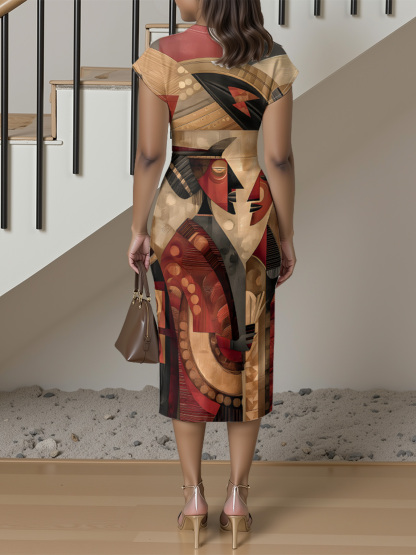 Vintage Abstract Cap Sleeve V-Neck Midi Dress