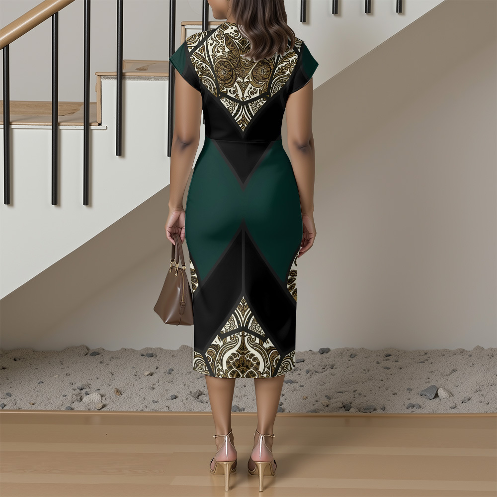 Emerald Green Gold Paisley Cap Sleeve V-Neck Midi Dress
