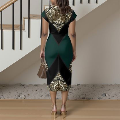 Emerald Green Gold Paisley Cap Sleeve V-Neck Midi Dress