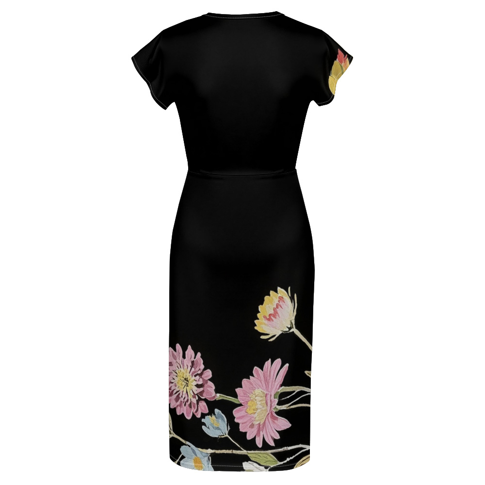 Black Floral Cap Sleeve V-Neck Midi Dress DHLN935