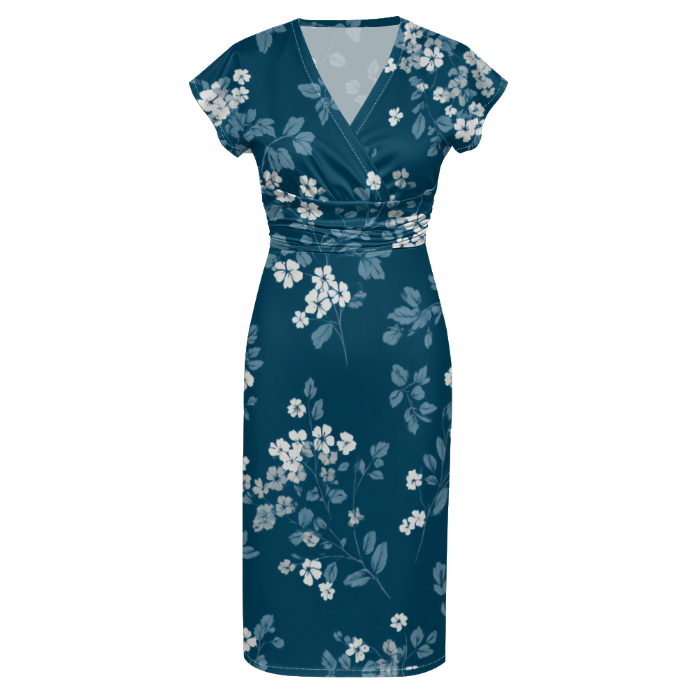 Teal & White Floral Cap Sleeve V-Neck Midi Dress ADG148