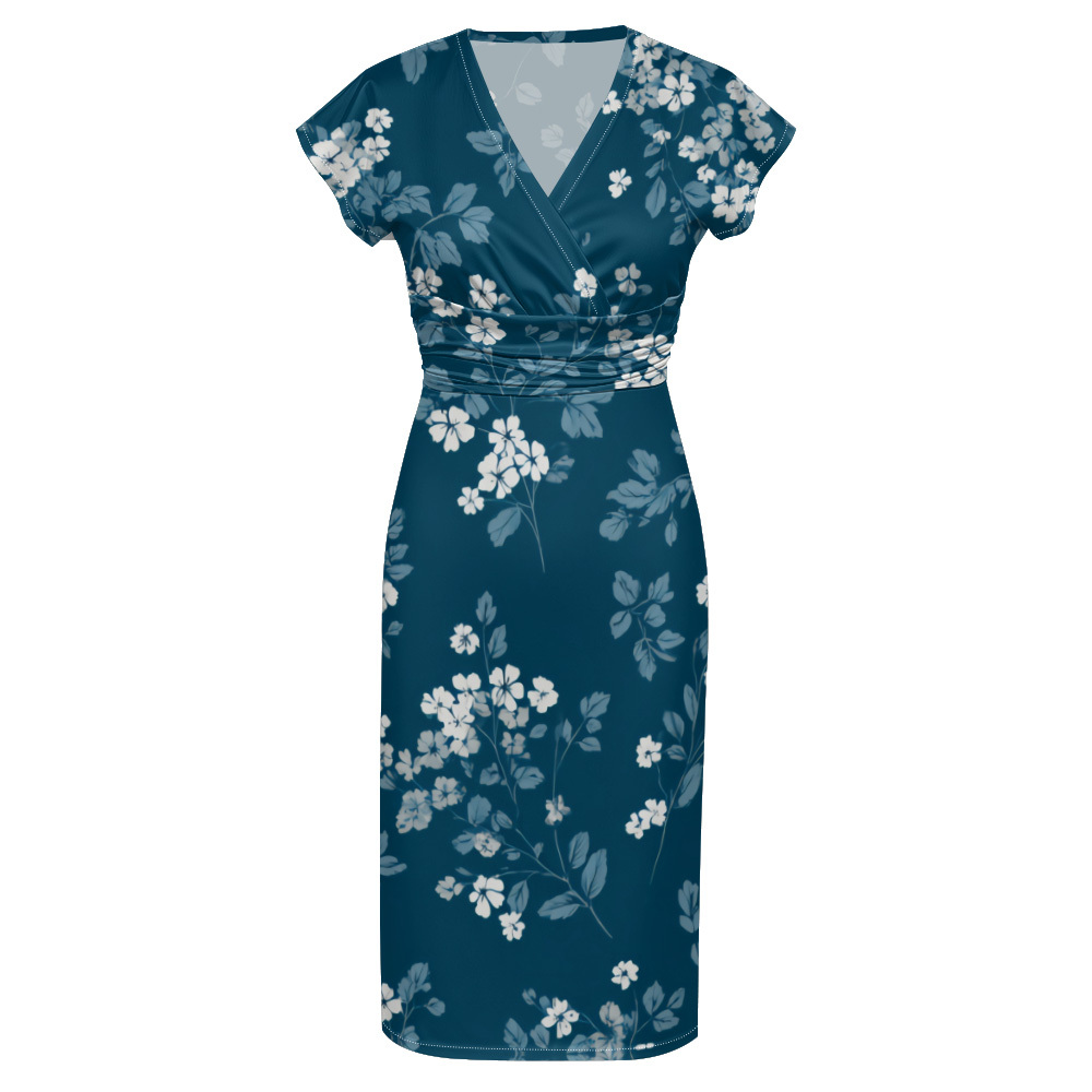 Teal & White Floral Cap Sleeve V-Neck Midi Dress ADG148