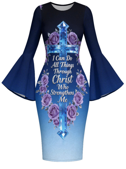 Gradient Blue Crystal Cross Easter Flare Sleeve Bodycon Midi Dress