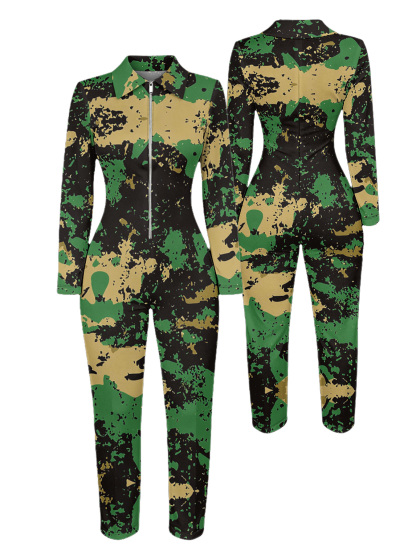 Camouflage Long Sleeve Zip-Up Jumpsuit 