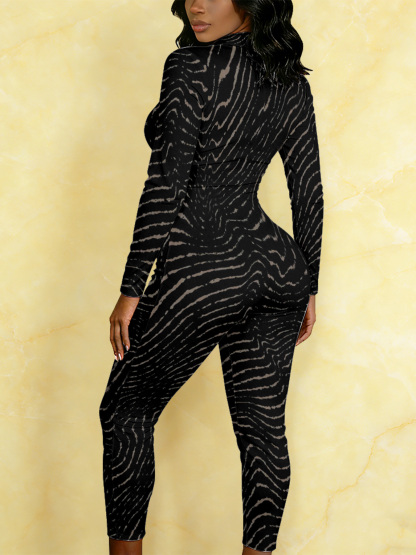 Zebra Stripe Long Sleeve Zip-Up Jumpsuit