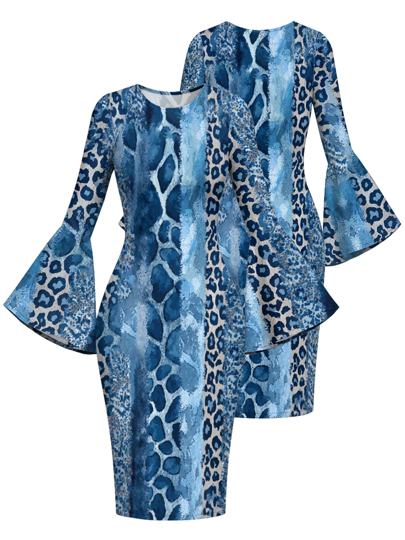 Blue Watercolor Animal Flare Sleeve Bodycon Midi Dress