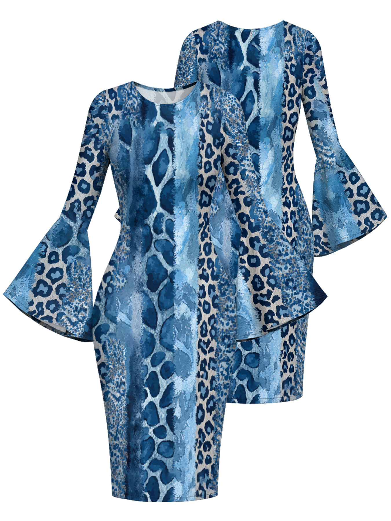 Blue Watercolor Animal Flare Sleeve Bodycon Midi Dress