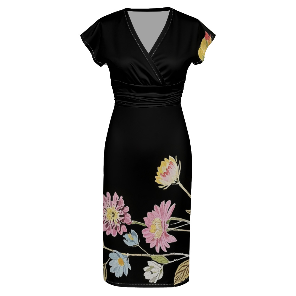 Black Floral Cap Sleeve V-Neck Midi Dress DHLN935